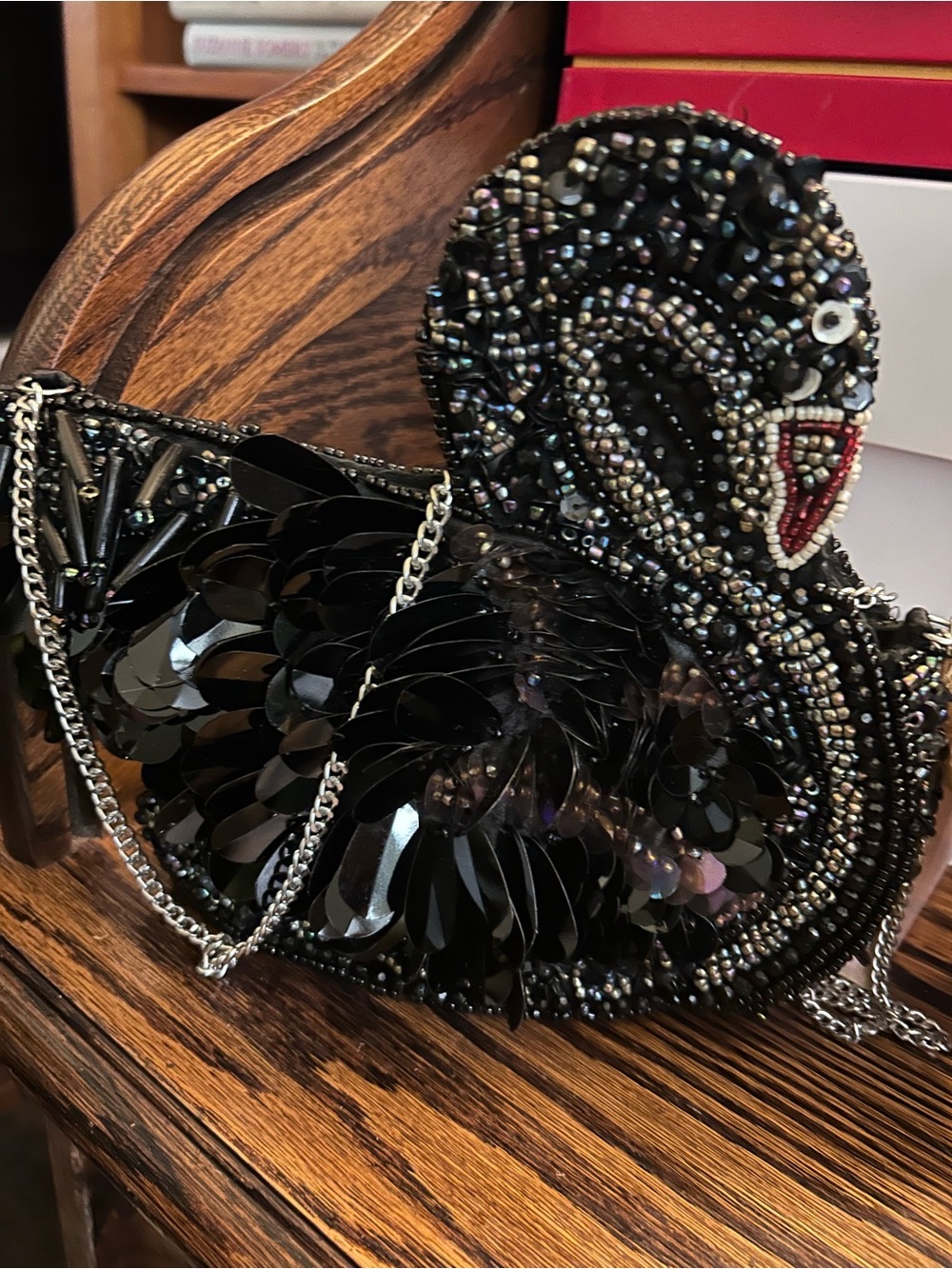 Black Beaded Swan Crossbody Bag - Elegant Sequined Evening Clutch